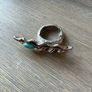 Boho Silver Tone Turquoise Feather Stretch Statement Ring